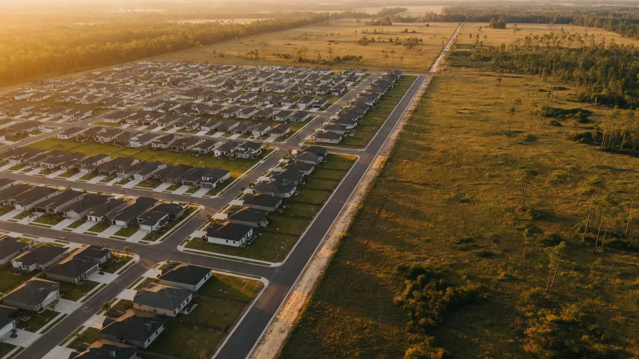 Aerial of a built community meeting undeveloped land in a Central Florida growth corridor