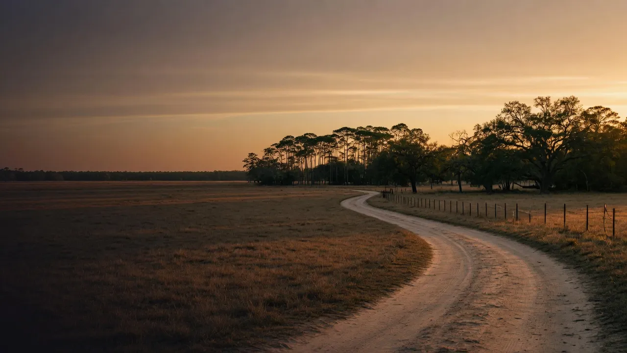 A dirt road leading into open Florida land at golden hour