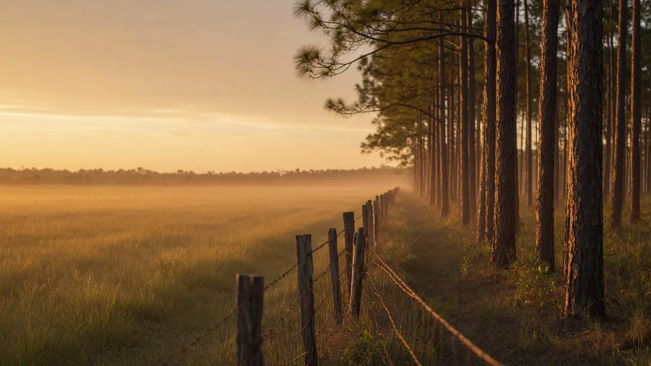 A pine fence line across Florida pasture at golden hour